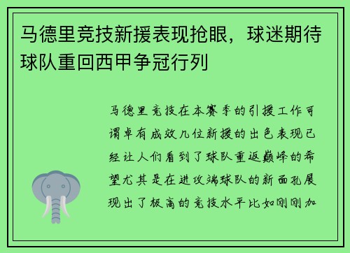 马德里竞技新援表现抢眼，球迷期待球队重回西甲争冠行列