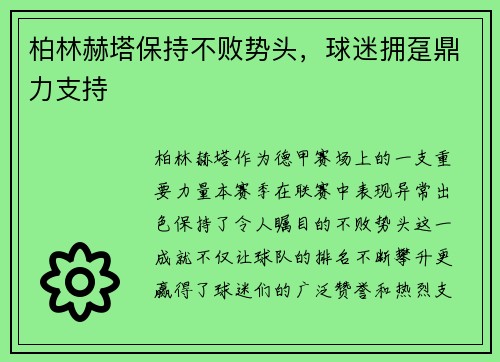 柏林赫塔保持不败势头，球迷拥趸鼎力支持