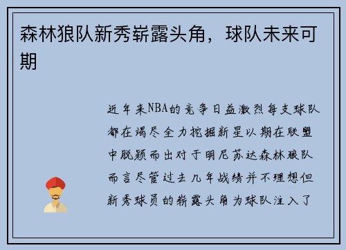 森林狼队新秀崭露头角，球队未来可期