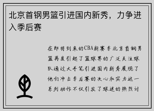 北京首钢男篮引进国内新秀，力争进入季后赛