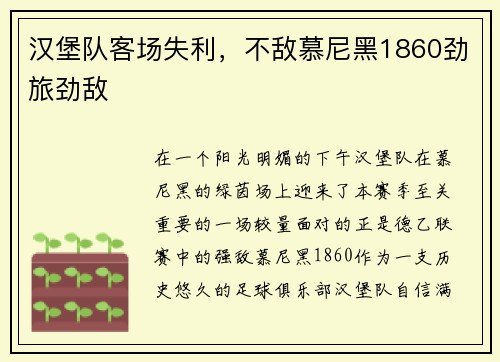 汉堡队客场失利，不敌慕尼黑1860劲旅劲敌