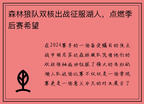 森林狼队双核出战征服湖人，点燃季后赛希望