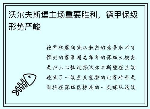 沃尔夫斯堡主场重要胜利，德甲保级形势严峻