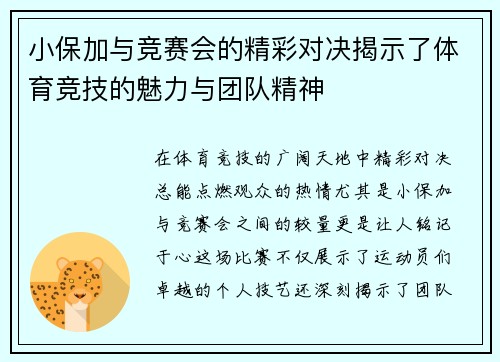 小保加与竞赛会的精彩对决揭示了体育竞技的魅力与团队精神