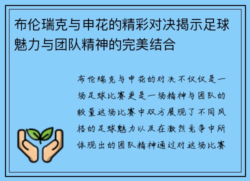 布伦瑞克与申花的精彩对决揭示足球魅力与团队精神的完美结合