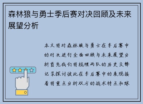 森林狼与勇士季后赛对决回顾及未来展望分析