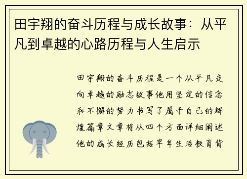 田宇翔的奋斗历程与成长故事：从平凡到卓越的心路历程与人生启示
