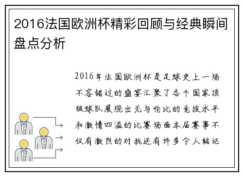 2016法国欧洲杯精彩回顾与经典瞬间盘点分析