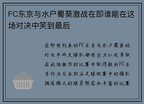 FC东京与水户蜀葵激战在即谁能在这场对决中笑到最后