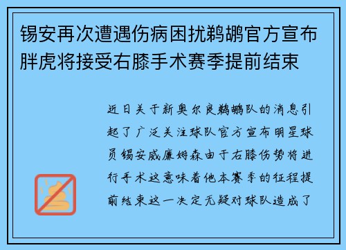 锡安再次遭遇伤病困扰鹈鹕官方宣布胖虎将接受右膝手术赛季提前结束
