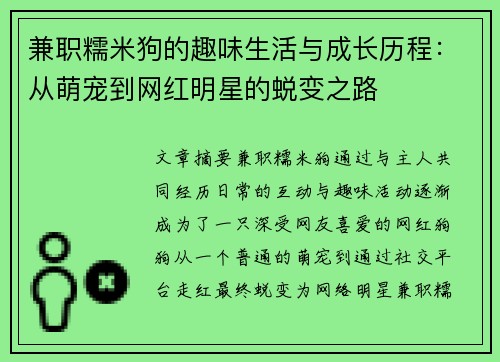 兼职糯米狗的趣味生活与成长历程：从萌宠到网红明星的蜕变之路