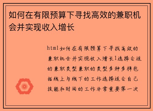 如何在有限预算下寻找高效的兼职机会并实现收入增长