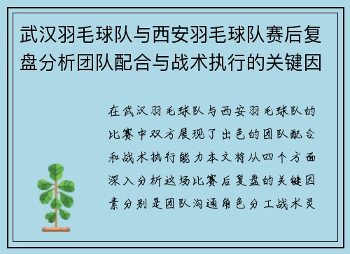 武汉羽毛球队与西安羽毛球队赛后复盘分析团队配合与战术执行的关键因素