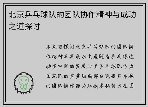 北京乒乓球队的团队协作精神与成功之道探讨