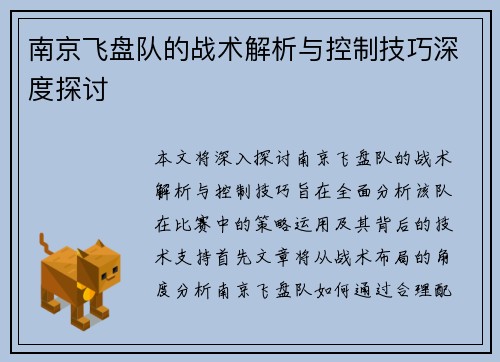 南京飞盘队的战术解析与控制技巧深度探讨