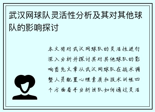 武汉网球队灵活性分析及其对其他球队的影响探讨