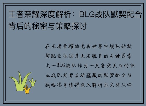 王者荣耀深度解析：BLG战队默契配合背后的秘密与策略探讨
